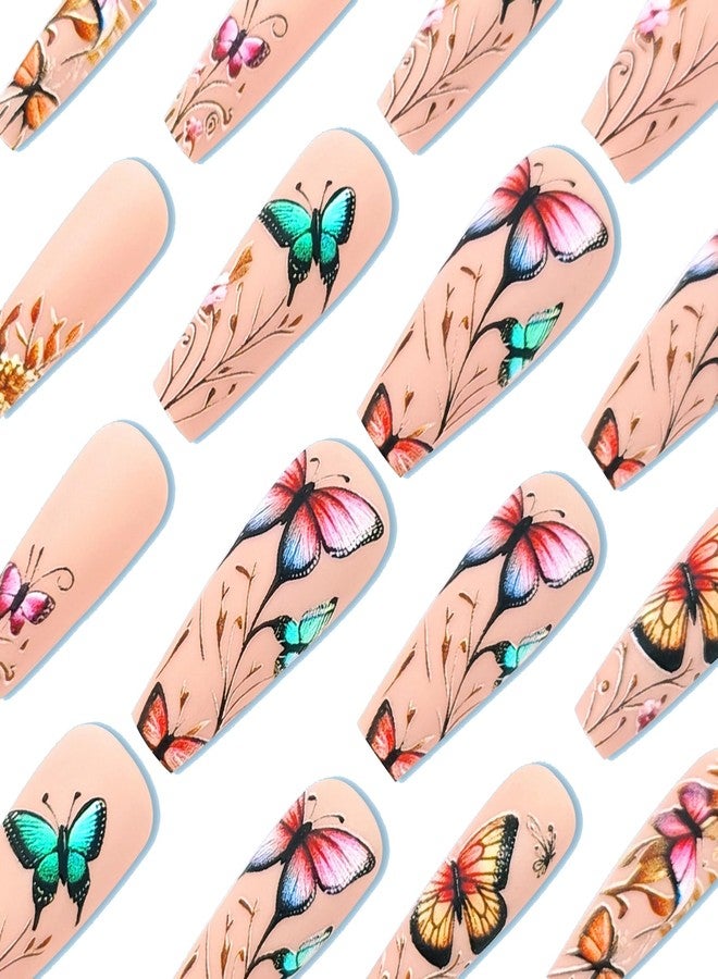 MERVF أظافر ميرف الطويلة اللاصقة بتصميم فراشة وزهرة ملونة، أظافر أكريليك صناعية بتصميم باليرينا، أطراف فرنسية غير لامعة، 24 قطعة - Image 3